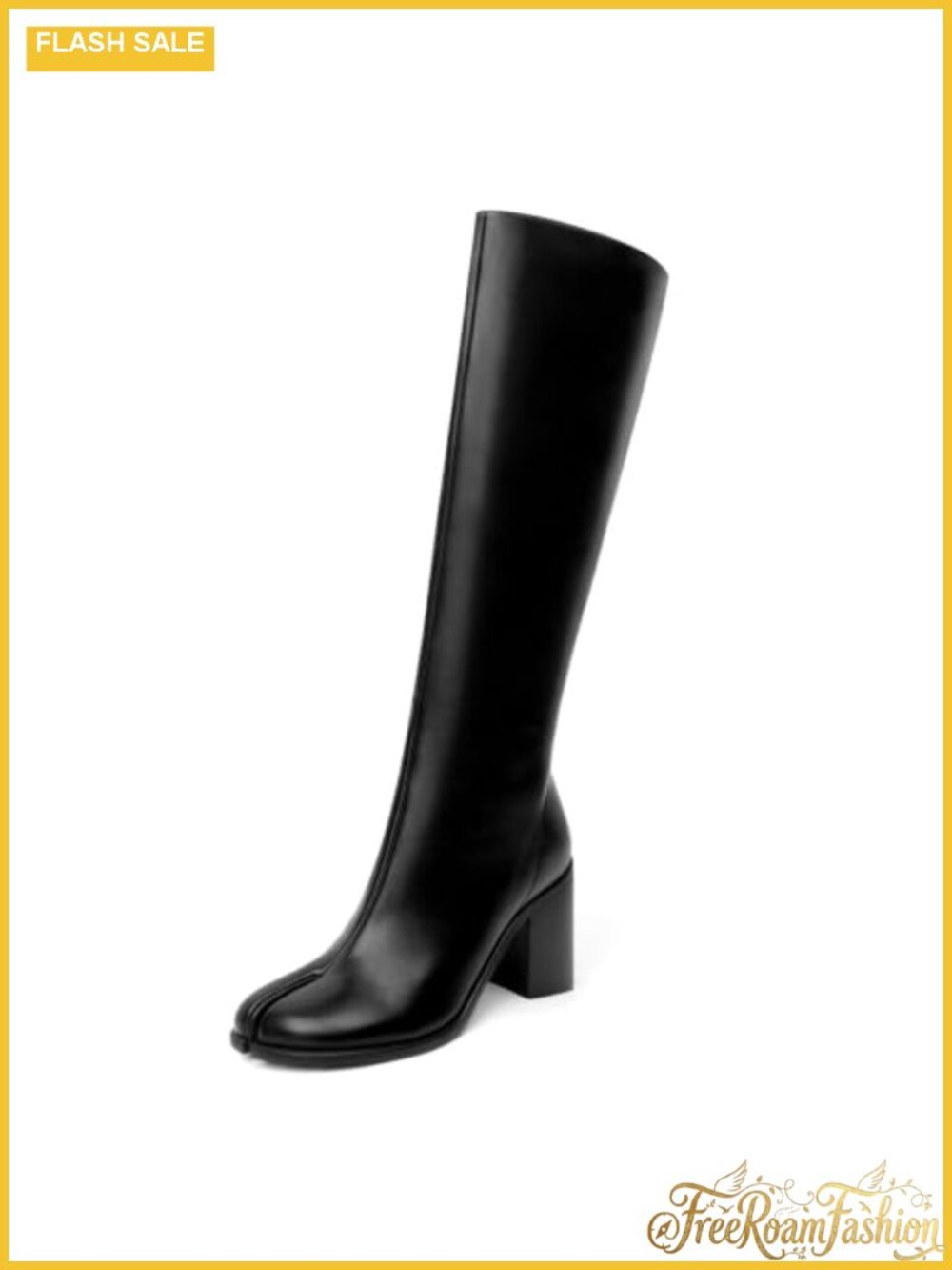 Faux Leather Split Tabi Toe Knee High Boots Block Heel Wide Calf Side Zip